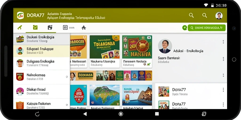 Antarmuka utama DORA77 yang menampilkan berbagai kategori ensiklopedia.