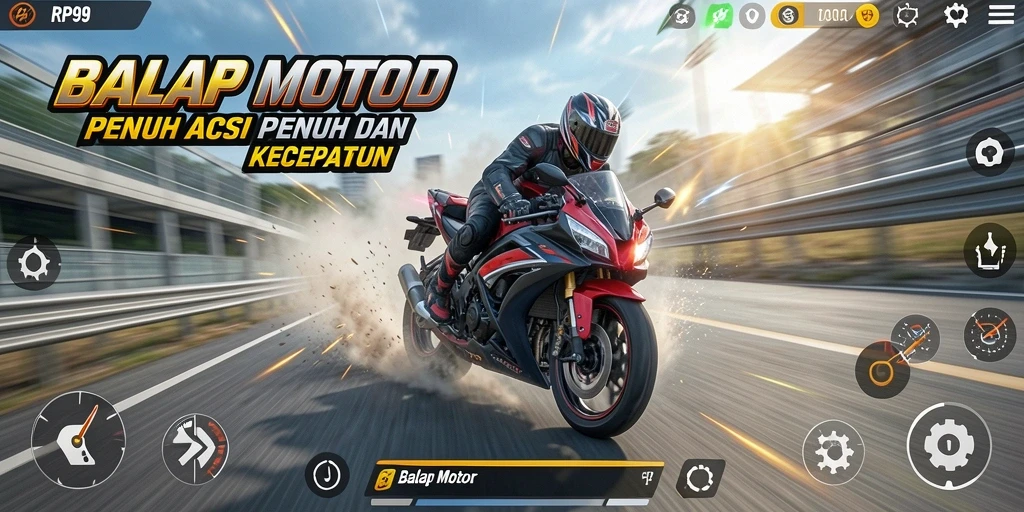 Screenshot antarmuka RP99 menampilkan aksi balap motor yang mendebarkan.